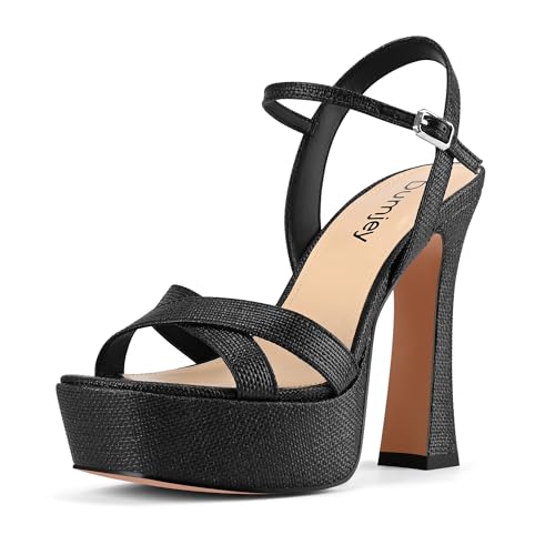 Image of Women Platform Heel Raffia Sandals with Ankle Strap Chunky Heels Open Toe Buckle Shoes for Prom Party Dress - Raffia Black 9 US