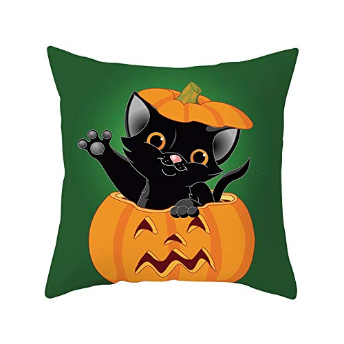 Gusspower-Funda de Almohada de Estampado de Calabazas y Gatito de Halloween Funda de Cojín de Algodón para Decoración Sofá Coche Cama, 45x45 cm (F)