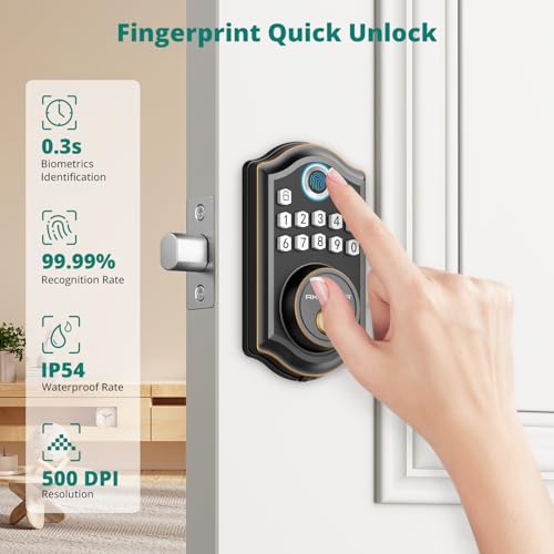 Image of AkaGear Keyless Entry Door Lock with Fingerprint - Electronic Keypad Deadbolt, Smart Locks for Front Door, Auto-Lock & One Touch Locking with Bluetooth, Password Code, APP Control, Oil Rubbed Bronze