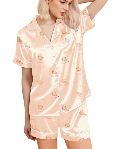 Image of Ekouaer Silk Pajamas for Women Funny Teddy Sleepwear Comfy Short Sleeve Button Down Loungewear Satin Pjs Shorts Set,Champagne,S