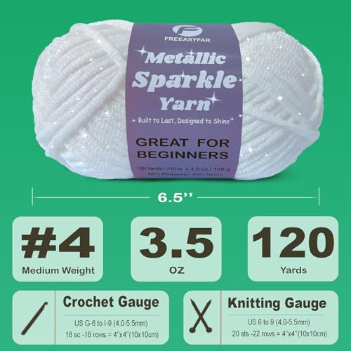 Image of Metallic Sparkle Yarn for Crochet and Knitting with Easy-to-See Stitches, Worsted Weight Medium #4, Beginners Yarn for Amigurumi, Bags, Handmade Gifts, Home Decor (White, 1 Pack)