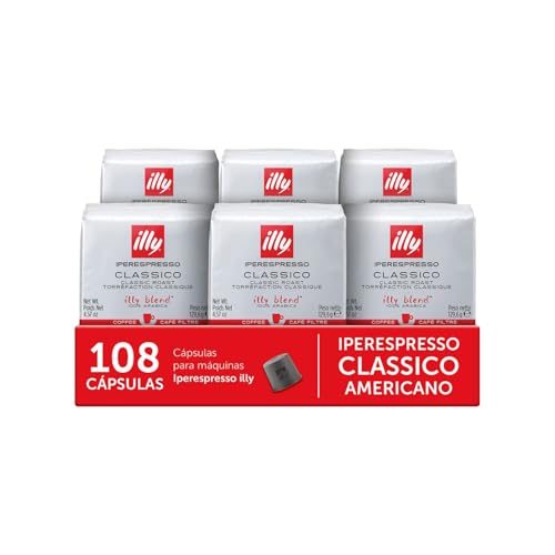 illy, Café Americano en Cápsulas Iperespresso Tostado CLASSICO, 100% Arábica con Notas de Azahar y Jazmín, Sabor Suave y Sabor Final Dulce, 6 Paquetes de 18 Unidades (108 Cápsulas)