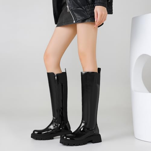 Image of TEAIEU Knee High Boots for Women, Platform Chunky Block Low Heel Tall Boots, Round Toe Side Zipper Fall Long Boots for Dress, Stretch Calf, Comfortable