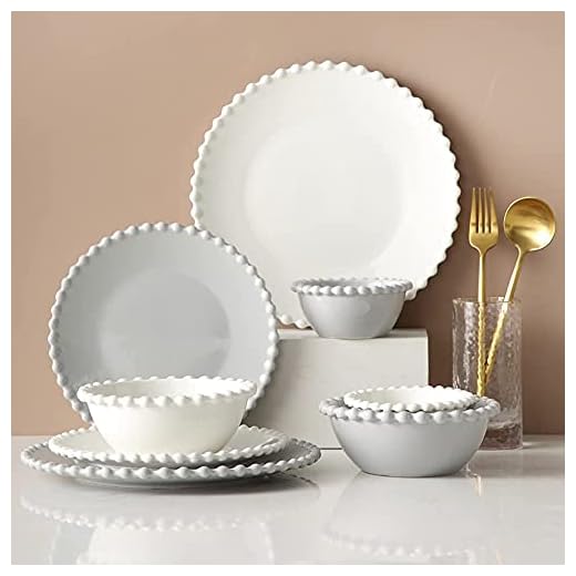 Juego de vajilla de cerámica de Regalo de Moda de 14 Juego de combinación de Porcelana con Borde de Perla Blanca nórdica - Plato de bistec y Plato de tazón de Cereal Servicio para 4