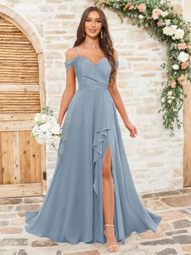 Bridesmaid Dresses for Women Off The Shoulder Ruffles V-Neck Pleated Formal Evening Gown with Slit2