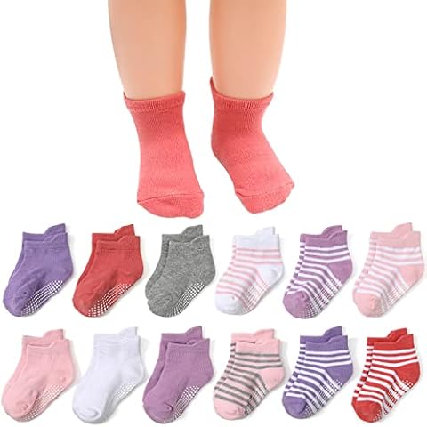 Baby Boys Socks 12 Pairs Baby Girls Toddler Shoes Sole Non Slip Cartoon Animals Print Stripe(0 to 6 Years) Cover