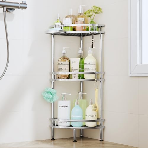 Image of HapiRm Standing Corner Shower Caddy - 3 Tier Shower Organizer Corner with Soap Holder and 4 Hooks, Rustproof Bathroom Storage Shelves with Adhesives, Silver