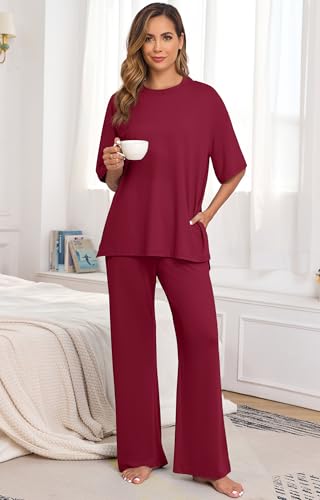 Image of PrinStory Womens Pajamas Sets 2 Piece Lounge Set Short Sleeve Tops and Long Pants Soft Pjs Loungewear with Pockets