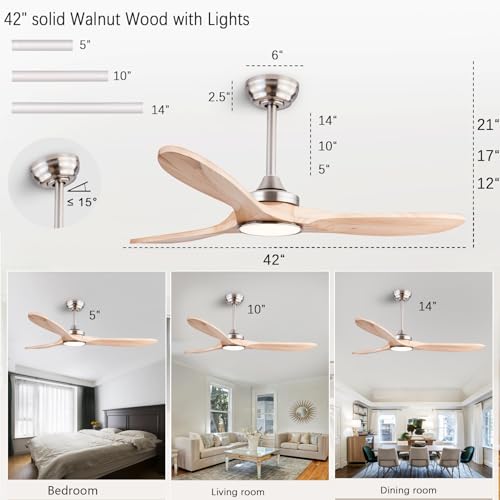 Image of QUTWOB 42 inch Wood Ceiling Fan with Light, Reversible DC Motor, Remote Control | solid wood blades, quiet 6-speed reversible dc inverter motor, remote control, 3-color led, for indoor outdoor patio garage