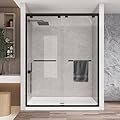 KPUY Glass Shower Door, 44-48" W x 76" H Semi-Frameless Double Sliding Shower Door, 1/4" (6mm) Thick Tempered Clear Glass with Explosion-Proof Film Nano Coating, Matte Black