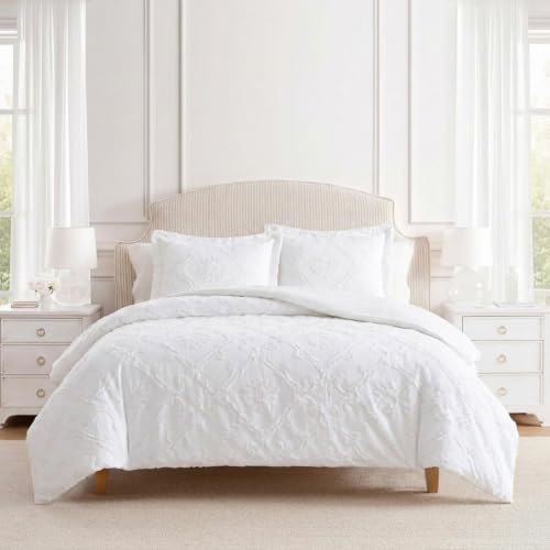 Image of Martha Stewart - Twin Comforter Set, Naturally Soft Cotton-Rich Jacquard Bedding w /Matching Pillowcase, Textured 2 Piece Bed Set (Garden Trellis White)