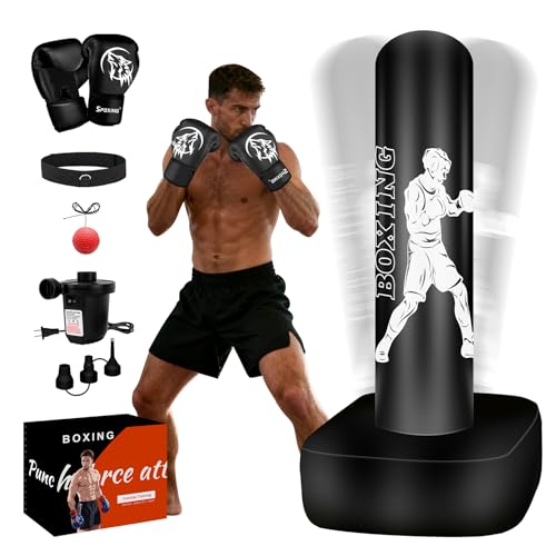 Sac de boxe de 177,8 cm autonome avec jeu de balles réflexes et gants