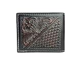 American Bison RFID Wallet for Men – Hand-Tooled Floral Cowhide Leather Bifold Wallet with Gift Box (Dark Brown)