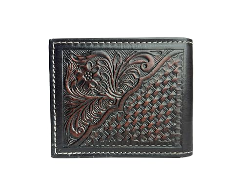 American Bison RFID Wallet for Men – Hand-Tooled Floral Cowhide Leather Bifold Wallet with Gift Box (Dark Brown)