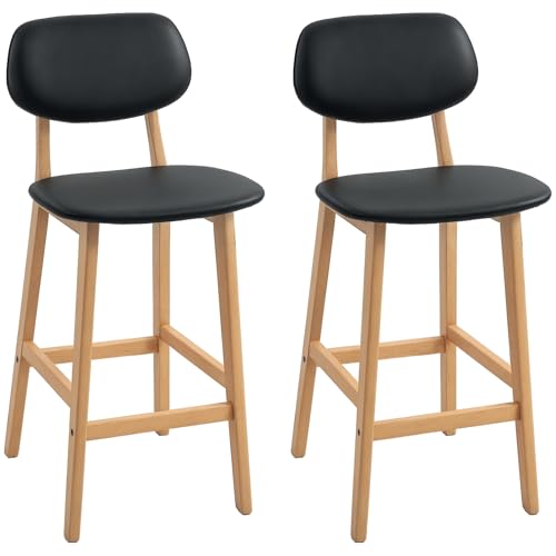 HOMCOM Lot de 2 tabourets de Bar, chaises de Bar Modernes rembourré, Assise 65 cm, Dossier, Repose-Pieds et Pieds en Bois, tabourets de Cuisine en Cuir...