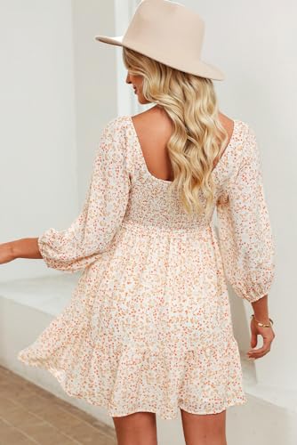 Image of Dokotoo Fall Dresses for Women 2025 Boho Floral Square Neck Smocked 3 /4 Sleeve Casual A-Line Swing Mini Dress Sundress