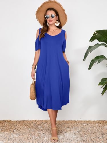 Image of LARACE Plus Size Women Dress for Summer, Midi Women's Sundress, Casual V-Neck Short Sleeve Flowy T-Shirt Dresses with Pockets