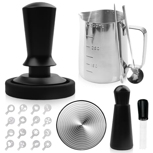 GOMETY Kaffee Tamper Set 22-teilig, Barista Zubehör mit 51mm Espresso Tamper, Tamper Matte, Milchaufschäumkrug, Rührlöffel, Latte Art Stift und Schablonen für Espresso
