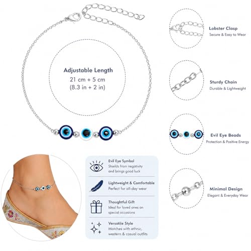 Image of High Trendz Evil Eye Anklet for Women & Girls | Silver Plated Nazar Charm Anklet | Adjustable Minimal Foot Jewellery | Gift for Birthday, Rakhi, Valentine