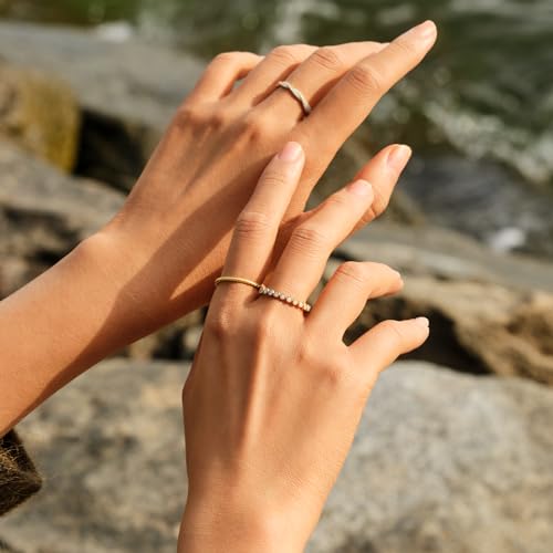 STORYJEWELLERY Eternity Band Rings for Women, 18K Gold Plated Stacking Band Ring, Thin Wedding Bands, Cubic Zirconia Anniversary Rings for Women, Beaded Bezel Ring, Gifts for Her4