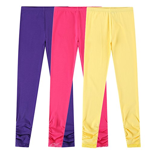 Bienzoe Lot de 3 Leggings en Coton Stretch pour Fille 6X Rose/Violet/Jaune Cover
