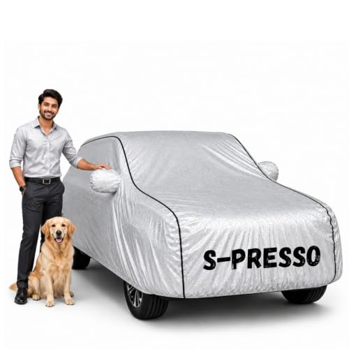 Image of Waterproof Car Cover for S-Presso | Soft Cotton Lining Heavy Duty Triple Stitched Heat Resistant Outdoor Cover Comes with Mirror and Antenna Pocket Full Bottom Elastic (Zig Zag Silver)