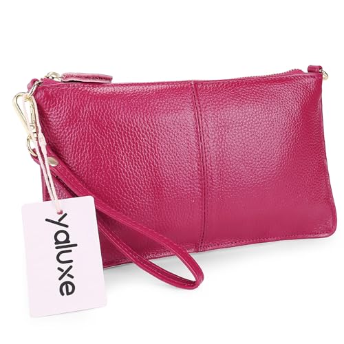 YALUXE Clutch Wristlet Women's Real Leather Large RFID Blocking Wallet with Shoulder Chain, Rose Pink, Large