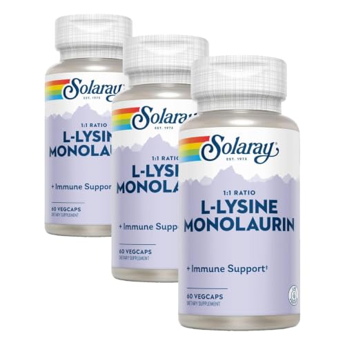 Image of SOLARAY L-Lysine Monolaurin Immune Support Supplement, 1:1 Ratio for Immune System Function, 500 mg Each, 30 Servings, 60 VegCaps (Pack of 3)
