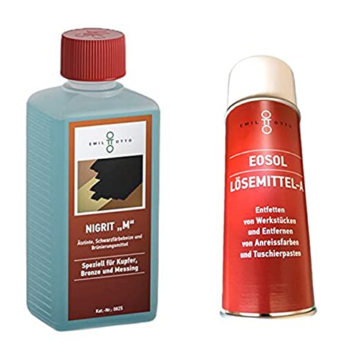 Brünier-Profi-Set 500 g Schwarzfärbe-Schnellbeize NIGRITM, Kaltbrünieren - Schwarzfärben von Kupfer, Bronze u. Messing + 400 ml Lösemittel A in Spraydose, Säubern u. Entfetten von Werkstücken