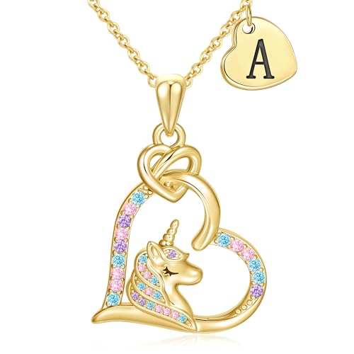 C-leen Unicorn Necklaces Gifts for Girls, 14K Gold Plated Colorful CZ Heart Initial Pendant Unicorn Necklaces for Girls Teens Jewelry Birthday Gifts