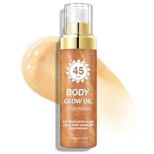 Shimmer Sunscreen,SPF 45 Broad Spectrum,Body Shimmer Oil with Gold Mica,Moisturizing Coconut,Water Resistant Body Glow Oil,Glowing Results,3.72 fl oz,AMBER