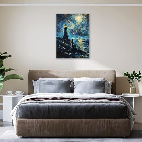 Paisaje nocturno costero en lienzo de faro para decorar salas modernas 5