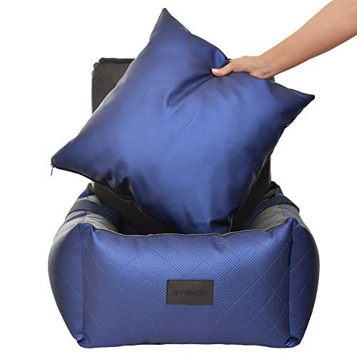 BOUTIQUE ZOO Hunde Auto Sitz | Universal Waschbar Hundeautositz für Hunde und Katzen | Farbe: Blau | Kunstleder, Flauschig Plüsch | Größe: 55 x 55 cm