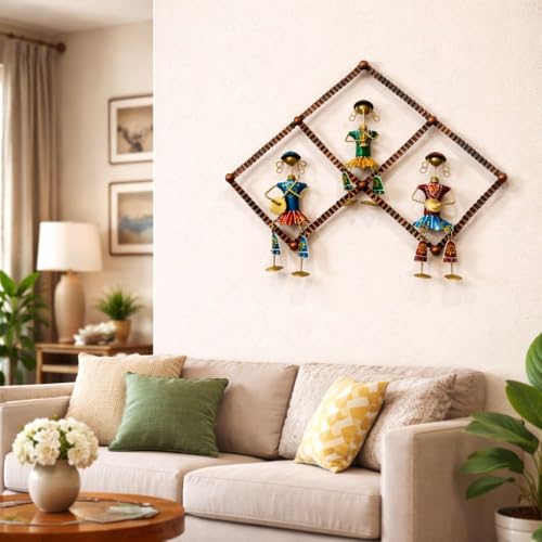 Image of Home And Crafts Metal Musician Wall Decor Frame | Handcrafted Tribal Folk Art Wall Hanging Showpiece for Living Room, Office, Hall & Entryway