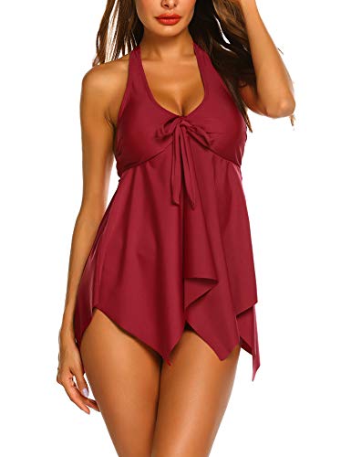 Two Piece Swimdress Skirted Bathing Suit for Women Slimming Tankini Swimsuit, Wine Red, M