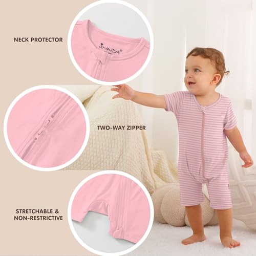 Jimonda Baby Boy Girl 2 Pack Rompers Cotton Short Sleeve Pajamas 2 Way Zipper One Piece Jumpsuits Clothes Sets4