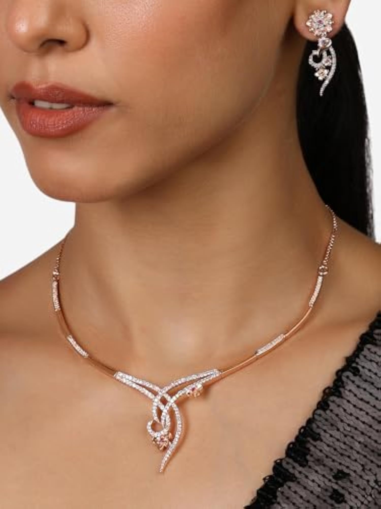 Contemporary CZ Brass Necklace Earring Set-ZPFK17231
