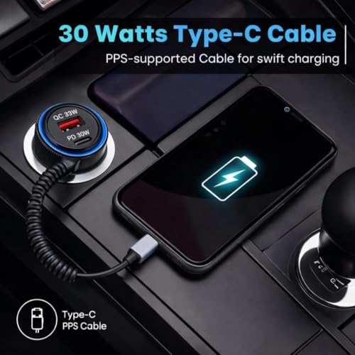 Image of Fast Charging Car Charger with Cable | USB Car Charger Adapter with Coiled Cable for Smartphones, GPS & Accessories | Safe, Durable & Compact Car Charging Solution