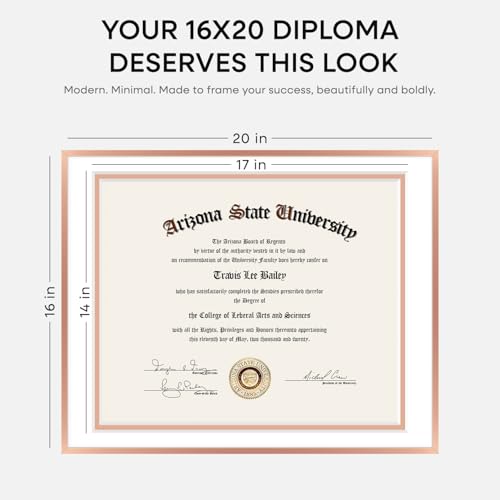 Image of Homeforia 16x20 Diploma Frame Rose Gold, High End Metal 16 x 20 Certificate Frame with Mat 14 x 17, 16by20 Document Frame Matted to 14by17, Graduation Degree Frames, Tempered Glass, Wall Kit, Set of 3