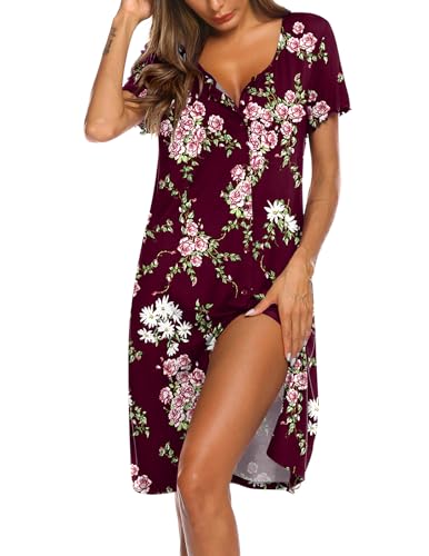 Image of Ekouaer Women's Nightshirt Short Sleeve Button Down Nightgown V-Neck Sleepwear Pajama Dress