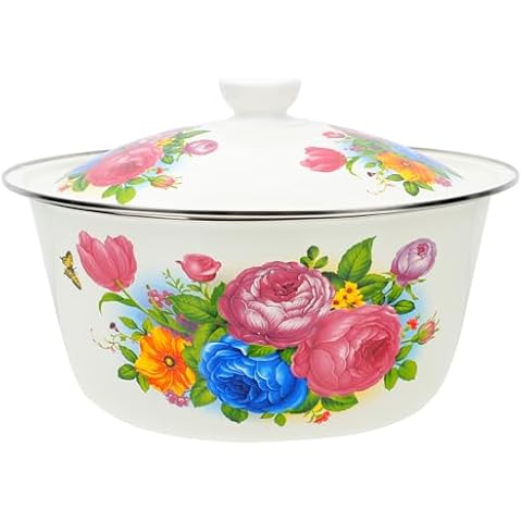 Angoily Enamel Mixing Bowl with Lid Flower Large Salad Bowl Cover
