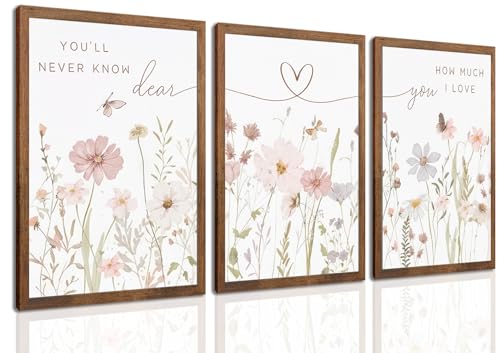 Image of Rustic Floral Wall Art Set of 3, Watercolor Wildflower Prints with Heart Line and Inspirational Quotes Neutral Botanical Canvas Decor for Bedroom Living Room Nursery Home Decor 24x16 in Wood Framed