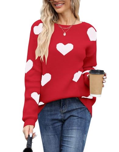Image of Womens Cute Heart Sweater Crew Neck Long Sleeve Pullover Valentines Sweater