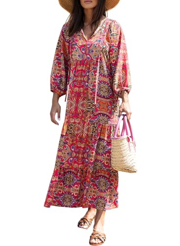 Image of miduo Womens Loose Fit Casual Summer V Neck Half Sleeve Bohemian Geometric Pattern Maxi Long Dresses