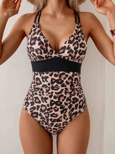 Image of Aidonger Women's One Piece Color Block Swimsuit Tummy Control Slimming Bathing Suit V Neck Cutout High Waisted Swimwear