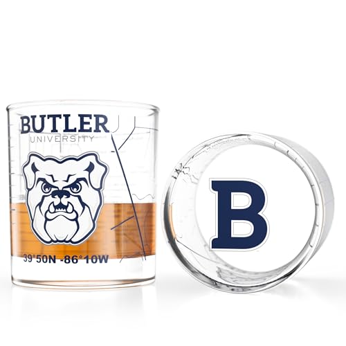 Image of Greenline Goods - University of Butler Bulldogs College Whiskey Glasses (Set of 2), 10 oz - Full-Color Logo + Campus Map