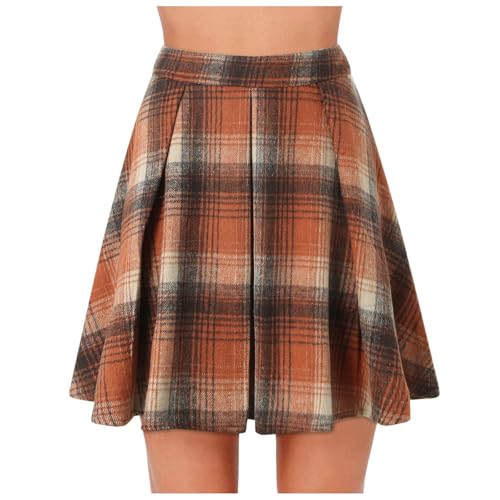 Women's Flared Mini Skater Skirt Plaid Versatile High Waist Casual Flowy Casual Plus Size Skirts with Pockets