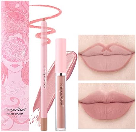 2pcs Lip Liner Pencil and Lipstick Set,Velvety Matte Cream Liquid Lipstick Plumper Lip Gloss Lip Crayon Long Lasting Waterproof High Pigmented Lip Colors Not Fade No Smudge Lip Stain Makeup Gift Kit for Women Girls (#12)