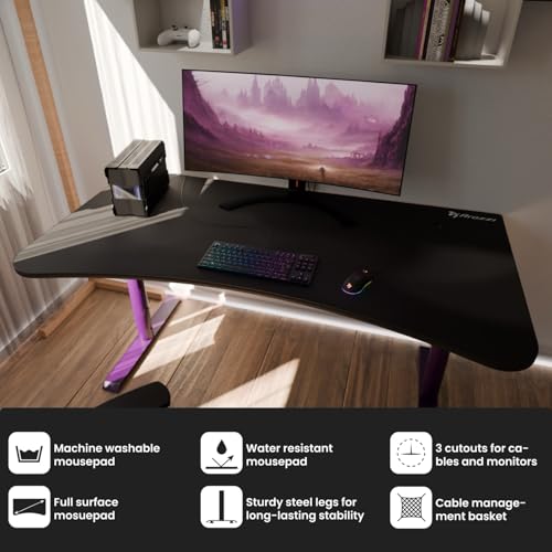 Image of Arozzi Arena Ultrawide Curved Gaming and Office Desk with Full Surface Water Resistant Desk Mat with 3 Custom Monitor Mount Cut Outs and Under The Desk Cable Management Netting - Deep Purple