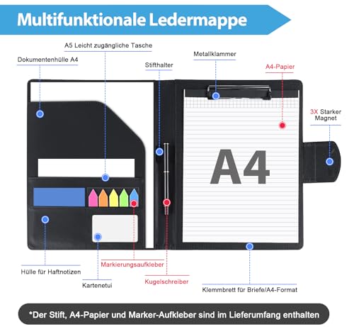 Agoer Leder Klemm Brett Mappe DIN-A4, Dokumententasche Klemmbrett Schreibmappe mit Magnet-Verschluss mit Papier und Stift,Markerstickern, Schwarz